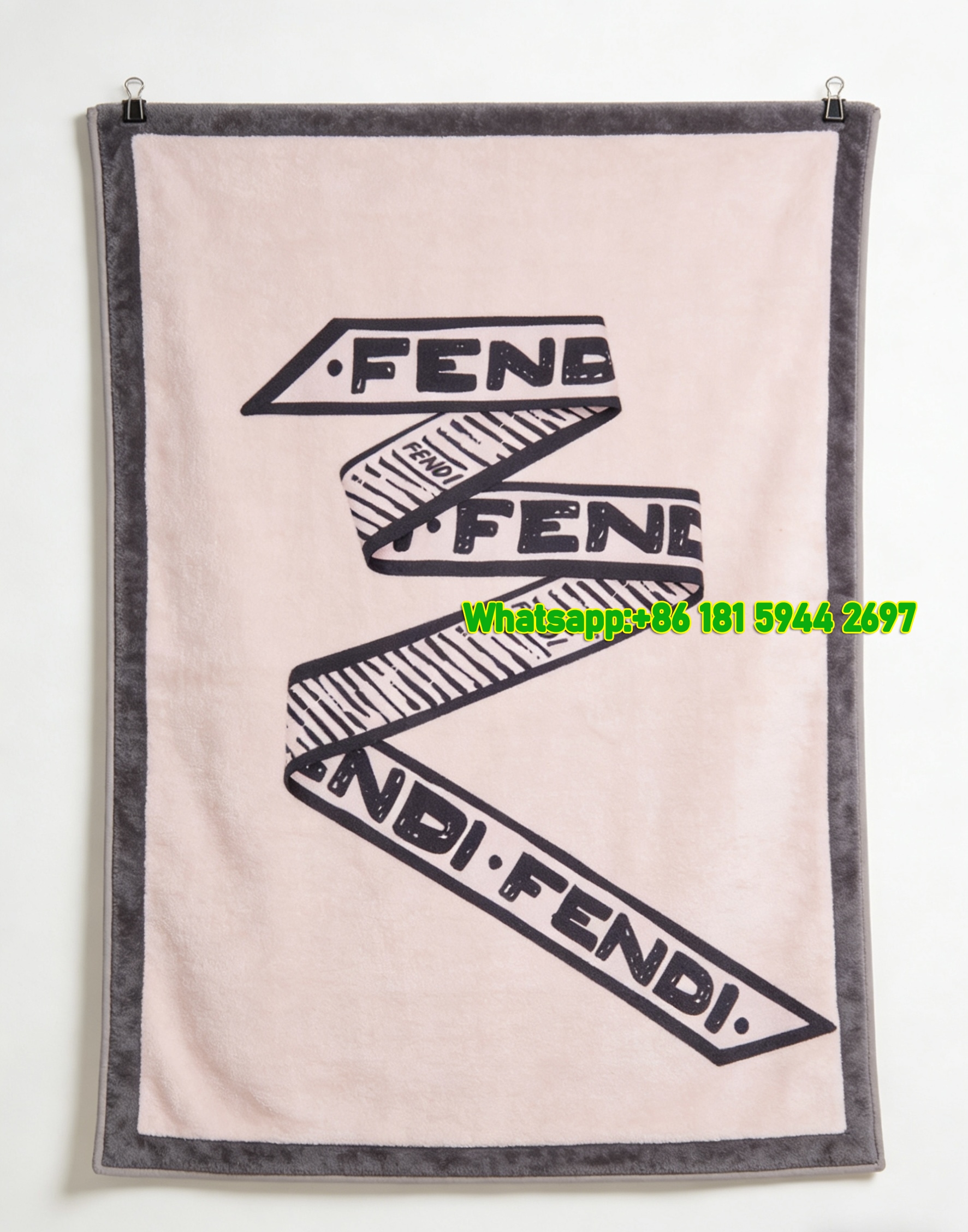 Fendi Pink & Black Ribbon Logo Flannel Sofa Throw Blanket IMG_9434